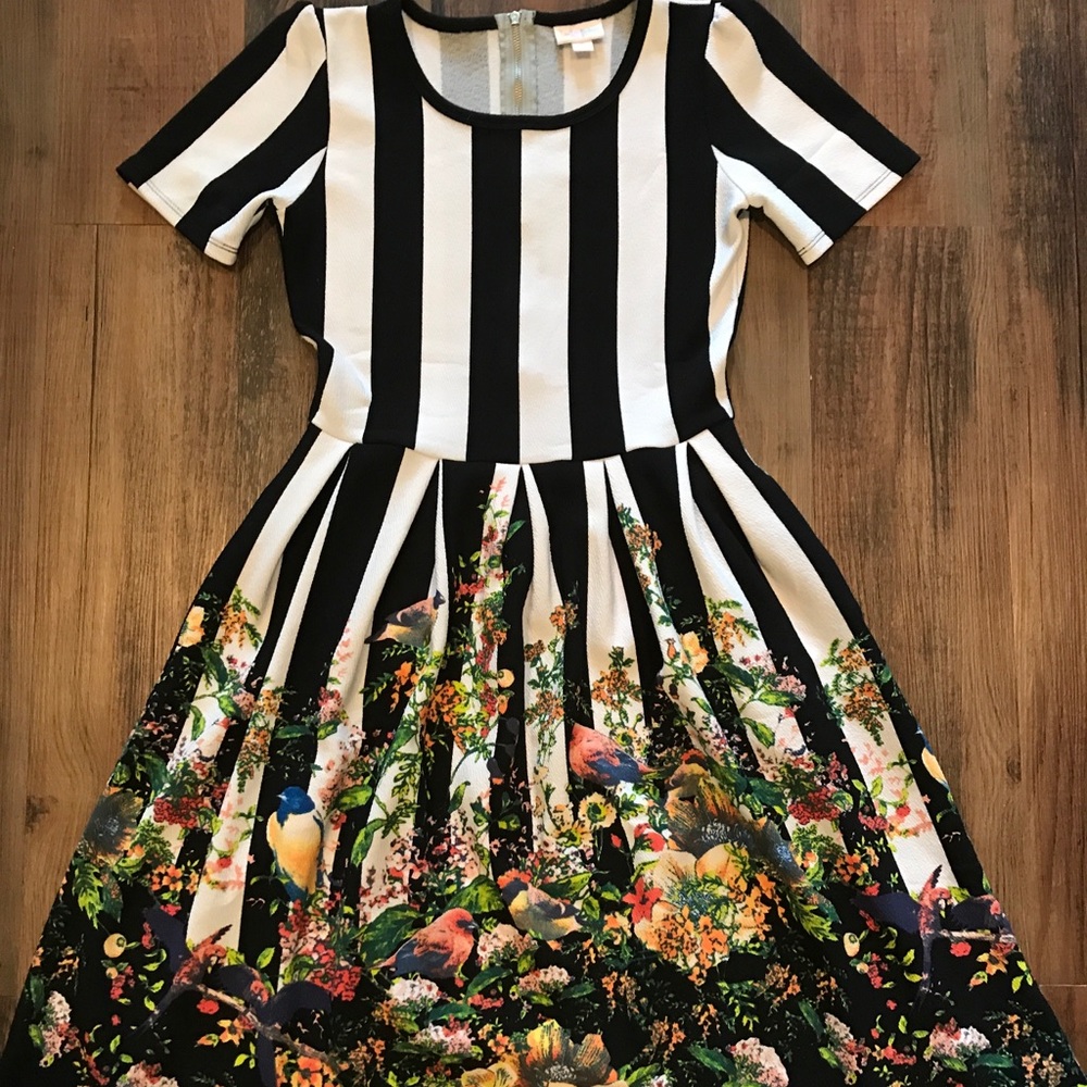 Lularoe Amelia striped floral bird dress S unicorn